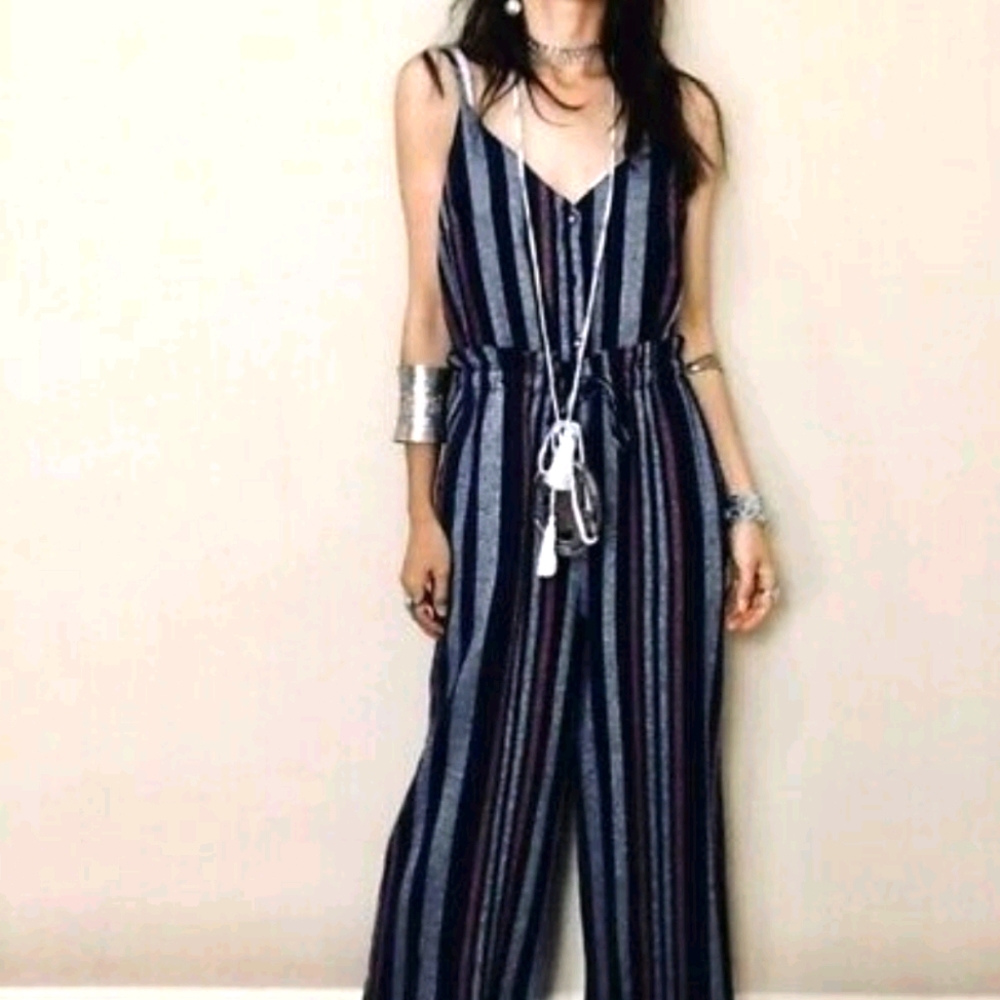 Splendid Crosshatch Stripe Tie Waist Jumpsuit